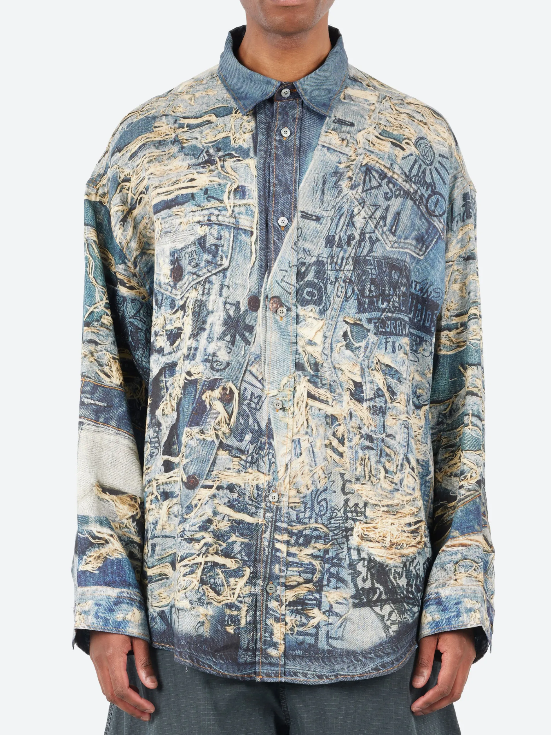 Acne Studios - Seta L/S Torn Scribble Button-Up Shirt in Denim Blue