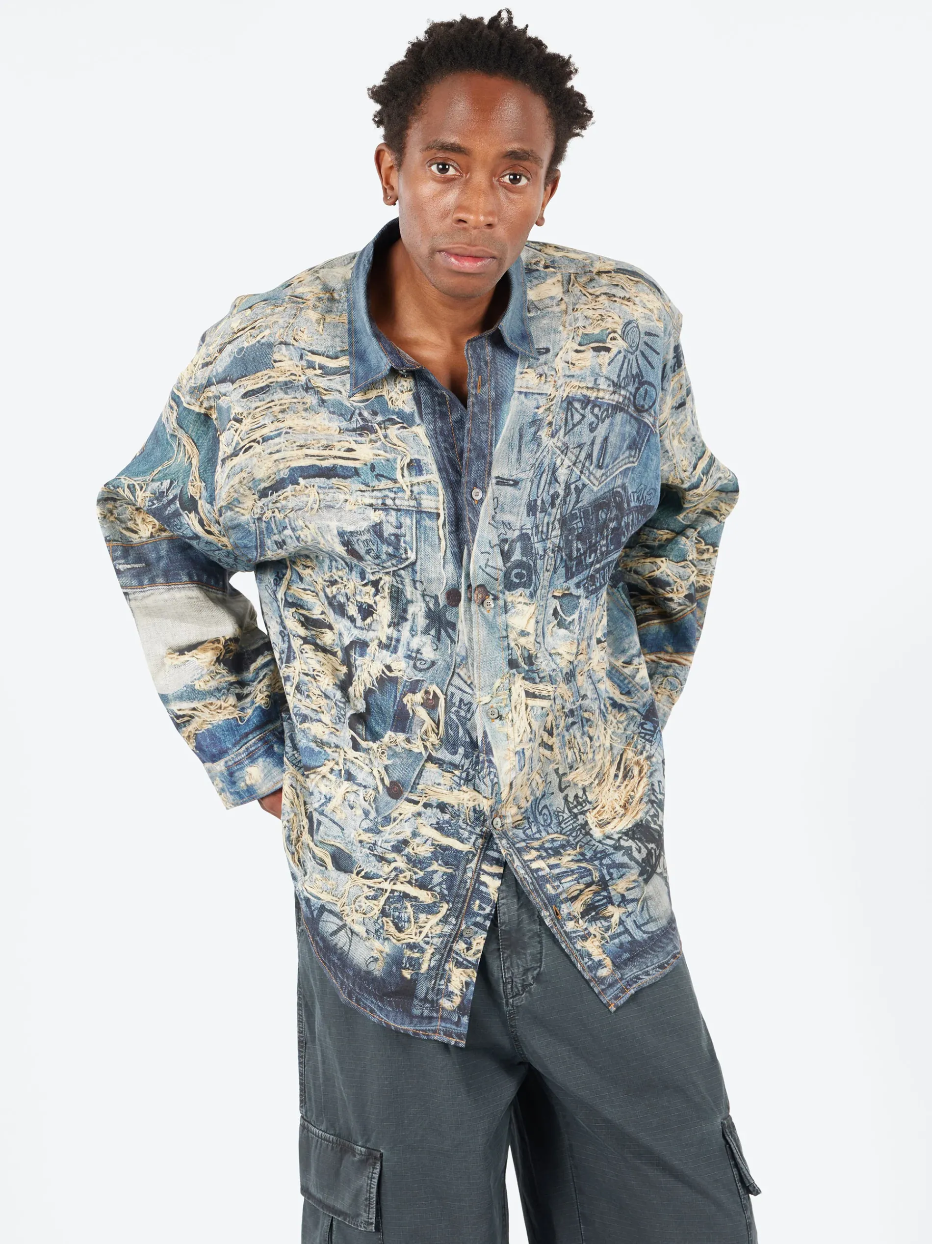 Acne Studios - Seta L/S Torn Scribble Button-Up Shirt in Denim Blue