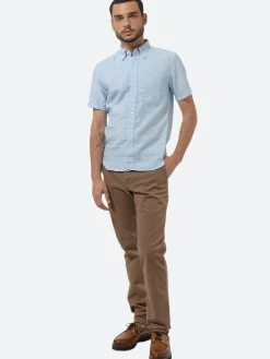 BEAMS PLUS - Linen Coolmax Button Down Short Sleeve Shirt in Sax Blue