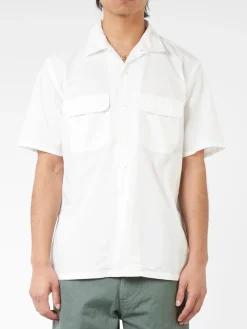 BEAMS PLUS - Pima Cotton Short Sleeve Open Collar Shirt in White