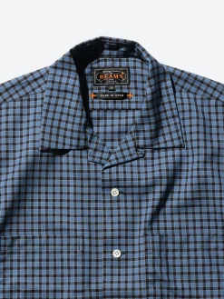 BEAMS PLUS - Plaid Open Collar Short Sleeve Shirt in Blue