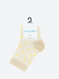 Bleuforêt - Short Lisle Yarn Daisy Striped Socks in Cream
