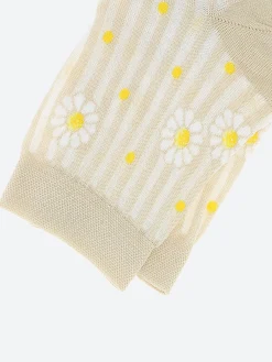 Bleuforêt - Short Lisle Yarn Daisy Striped Socks in Cream