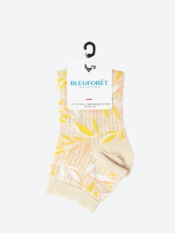 Bleuforêt - Short Openwork Leaves Lisle Socks in Cream/Yellow