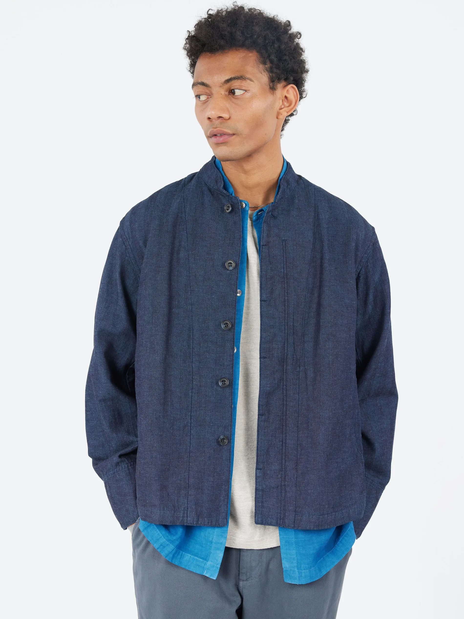 Blue Blue Japan - Herringbone Stand-Up Collar Jacket in Indigo