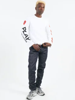 Comme des Garçons PLAY - T262 Longsleeve T-Shirt in White with Printed Sleeves