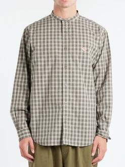 Danton - Cotton Broadcloth Band Collar Shirt in Light Beige and Grey Check