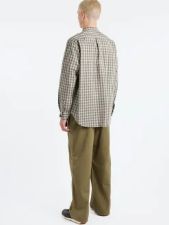 Danton - Cotton Broadcloth Band Collar Shirt in Light Beige and Grey Check