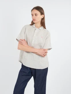 Danton - Linen Round Collar Shirt in Grey/Ecru