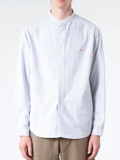 Danton - Men's Striped Oxford Band Collar L/S Shirt in Navy and White