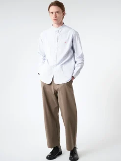 Danton - Men's Striped Oxford Band Collar L/S Shirt in Navy and White