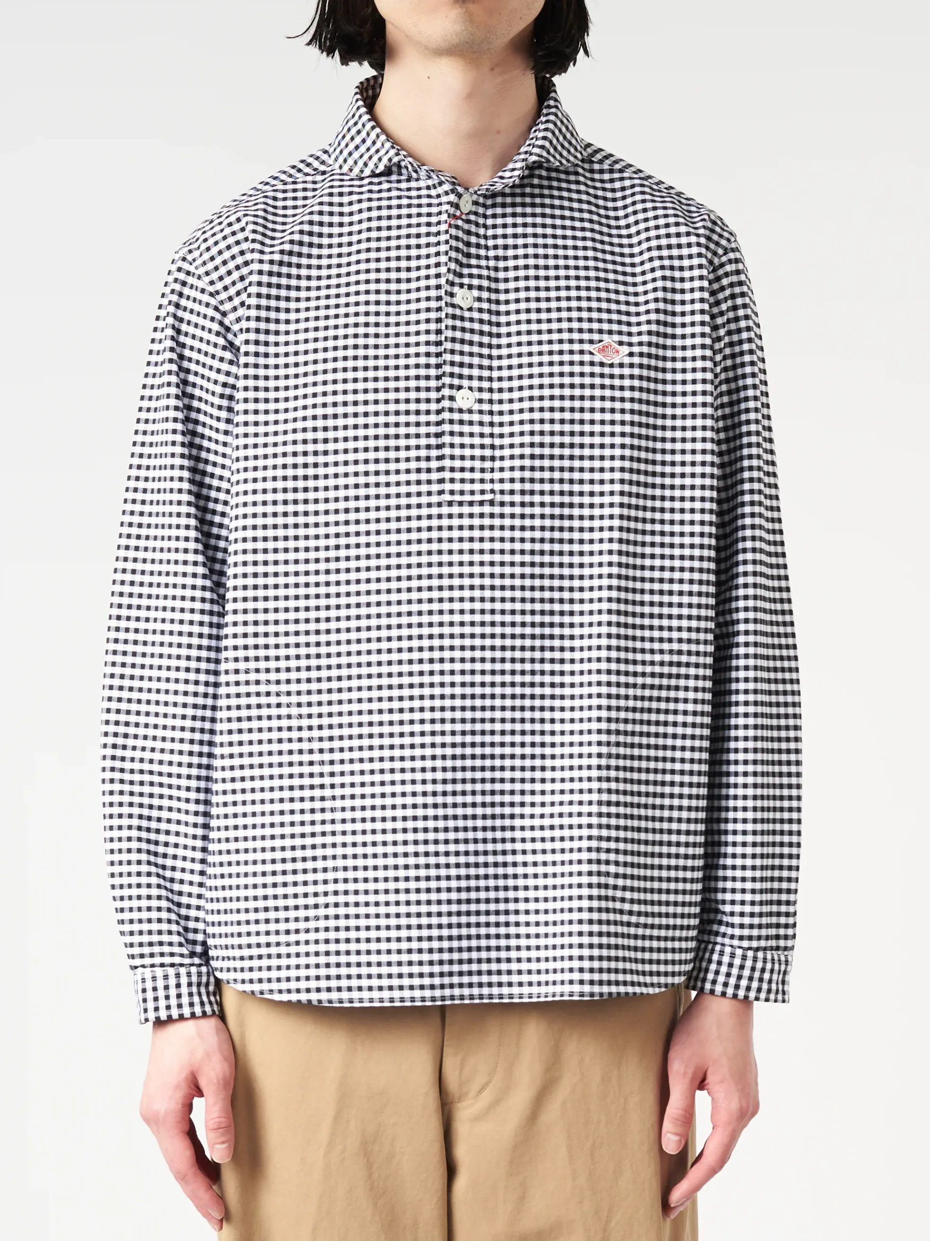 Danton - Oxford Round Collar Pullover Shirt in Black and White Gingham