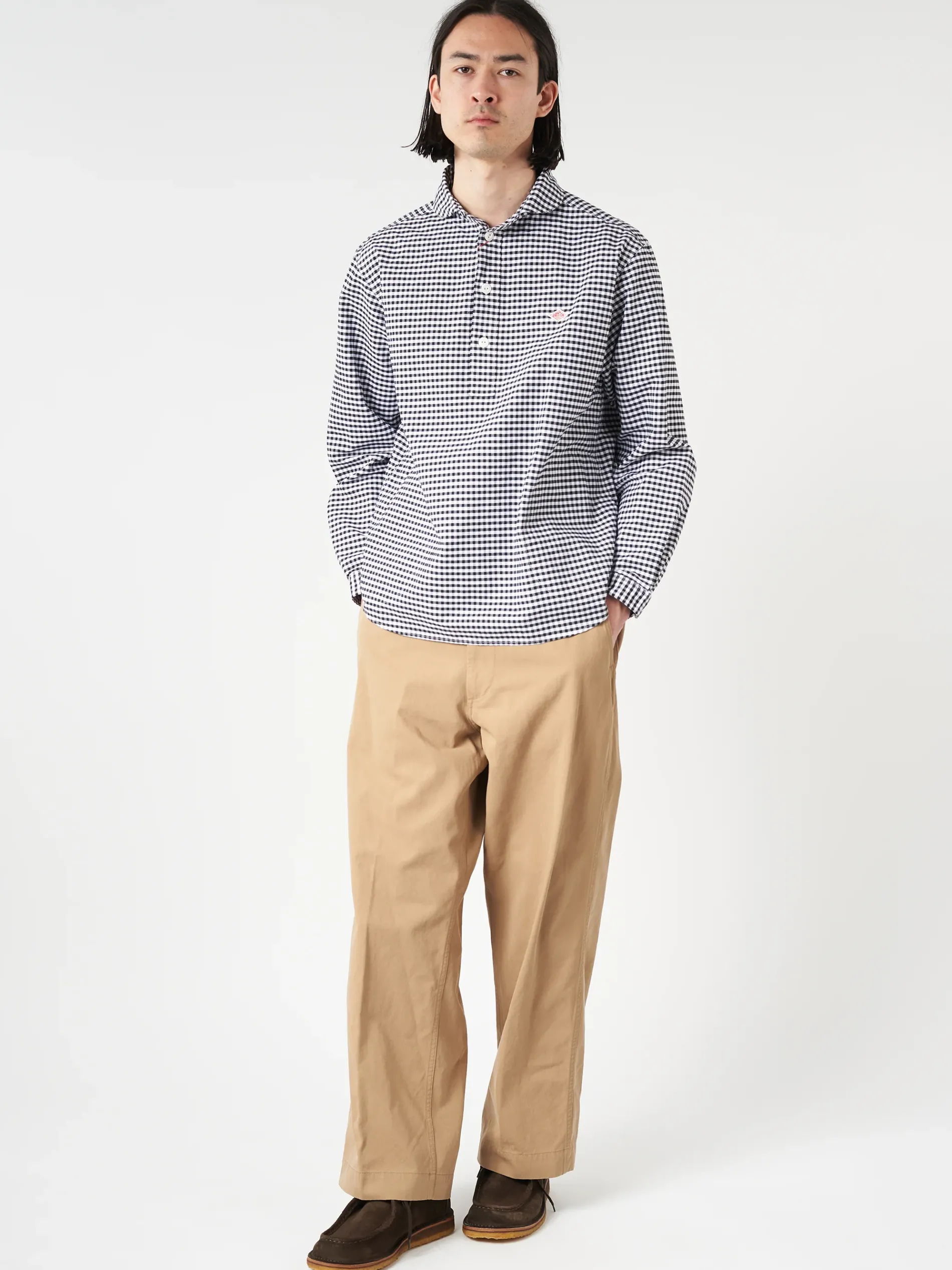Danton - Oxford Round Collar Pullover Shirt in Black and White Gingham