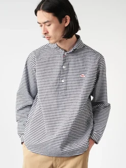 Danton - Oxford Round Collar Pullover Shirt in Black and White Gingham