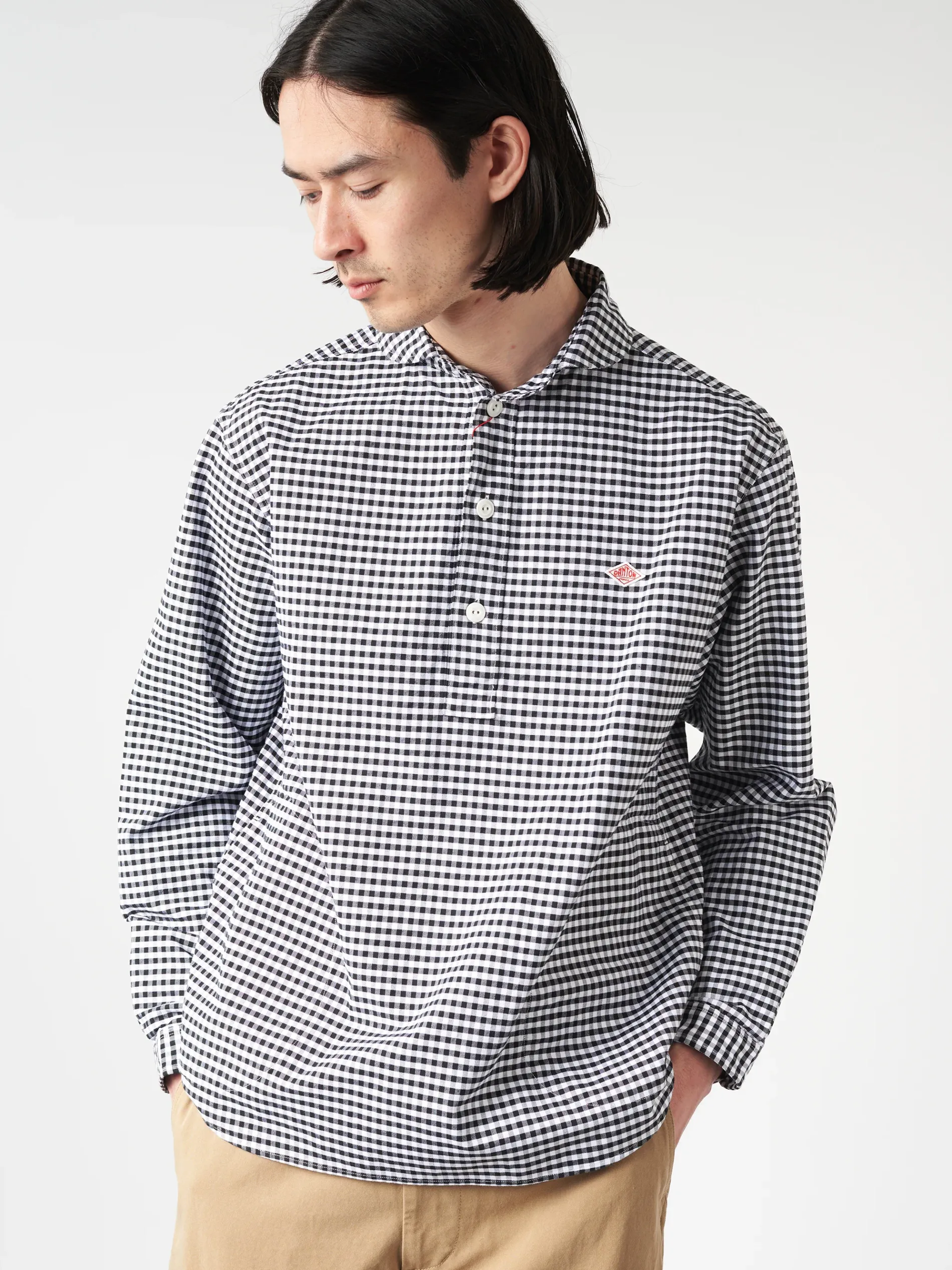 Danton - Oxford Round Collar Pullover Shirt in Black and White Gingham