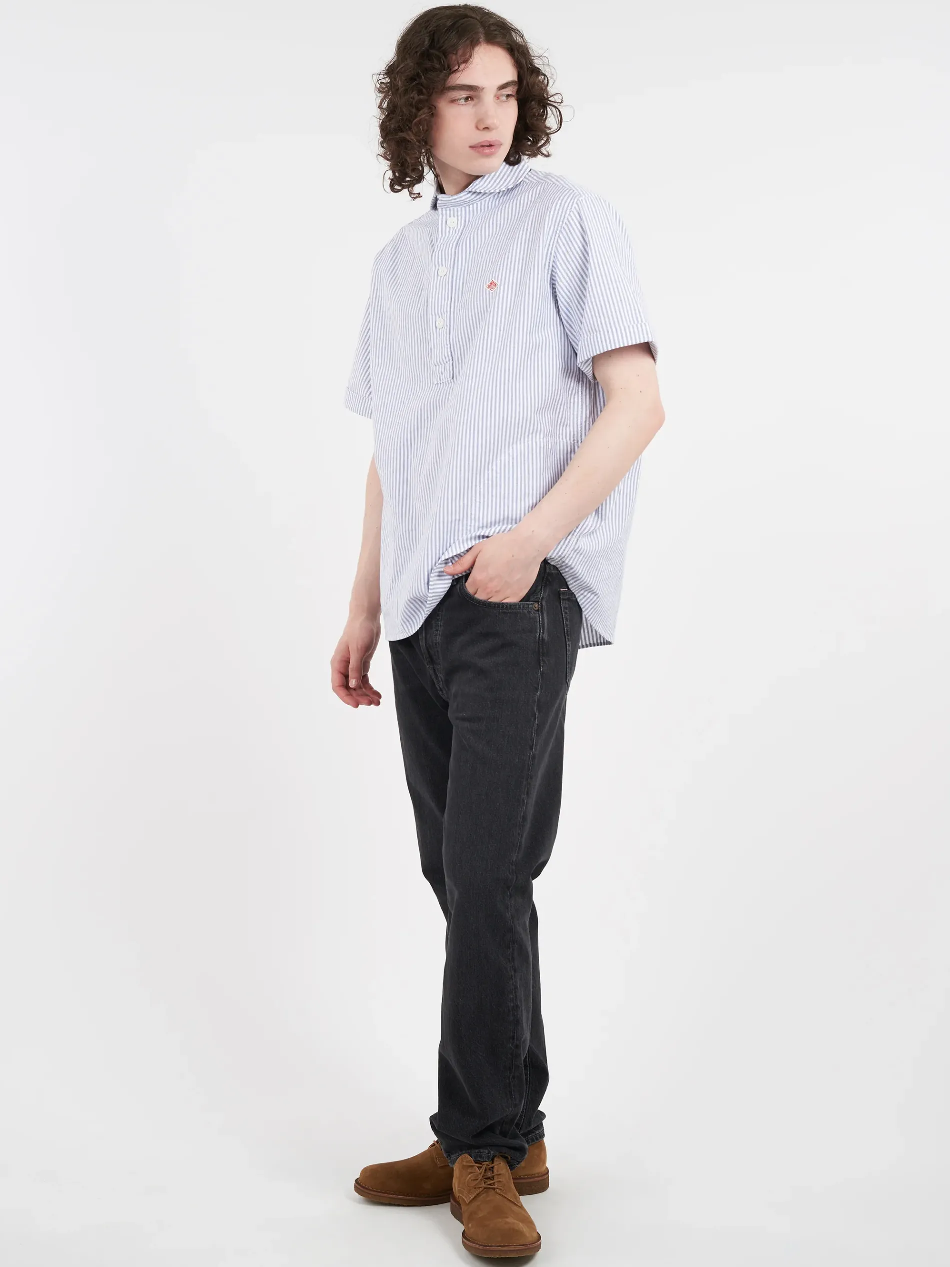 Danton - Round Collar Shirt in Navy and White Stripe
