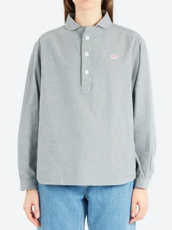 Danton - Women's Cotton Flannel Round Collar Pullover Shirt in Grey Chambray