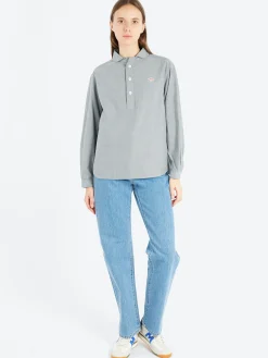 Danton - Women's Cotton Flannel Round Collar Pullover Shirt in Grey Chambray