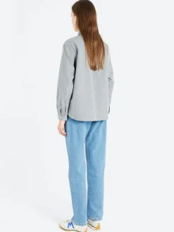 Danton - Women's Cotton Flannel Round Collar Pullover Shirt in Grey Chambray