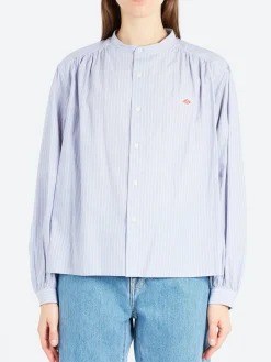 Danton - Women's Gathered Band Collar Shirt in Lt Blue Stripe