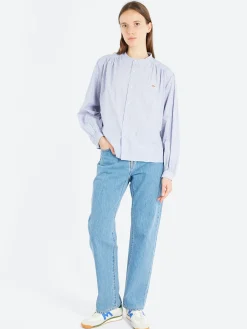 Danton - Women's Gathered Band Collar Shirt in Lt Blue Stripe