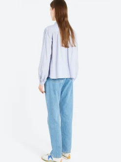 Danton - Women's Gathered Band Collar Shirt in Lt Blue Stripe