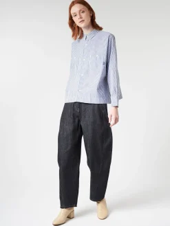 Danton - Women's L/S Work Shirt in White/Navy Stripe