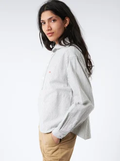 Danton - Women's Oxford Round Collar Pullover Wide Shirt in Navy Ecru Stripe