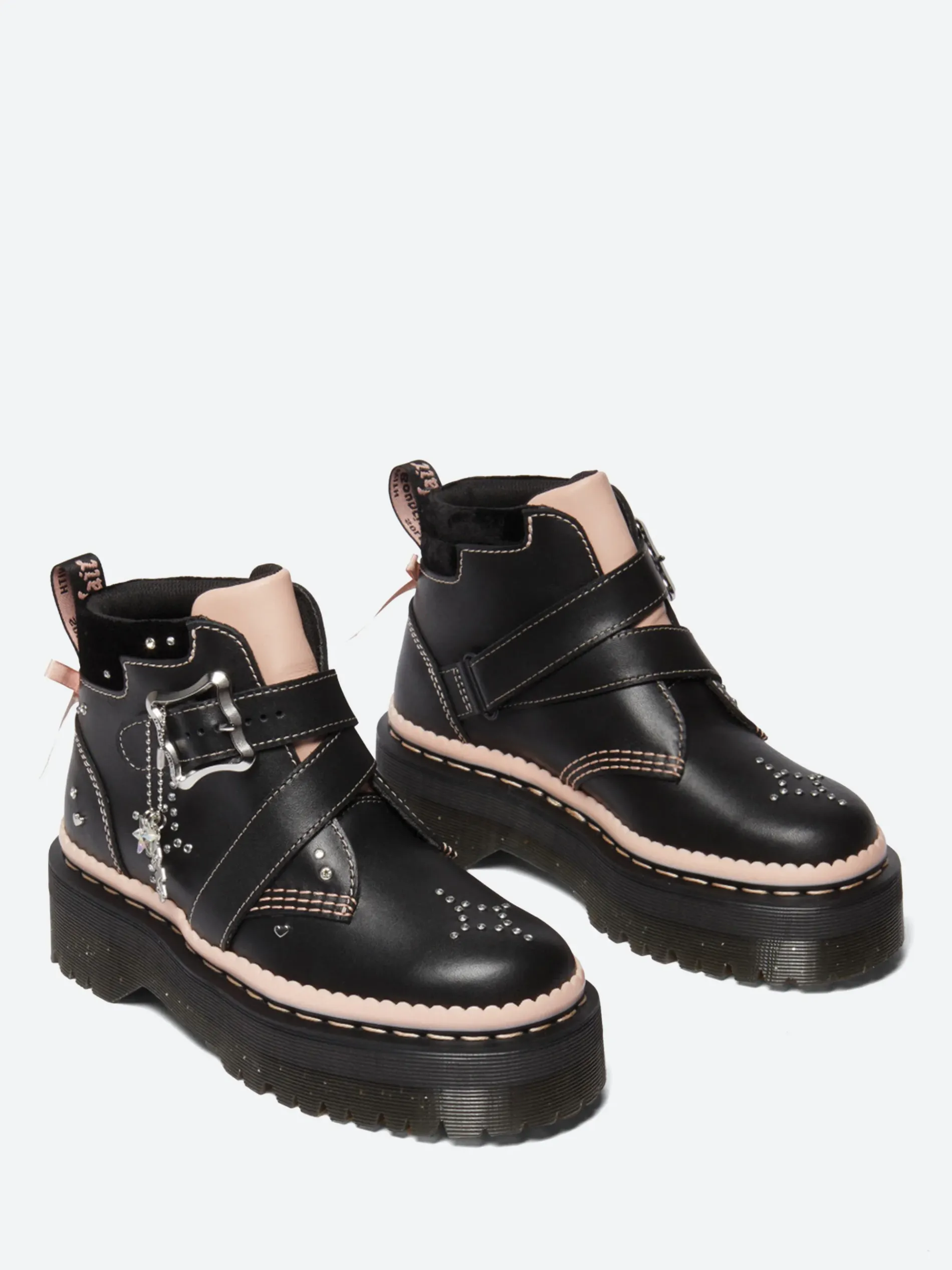Dr. Martens - Caitie Buckle Platform Boots in Black and Powder Pink