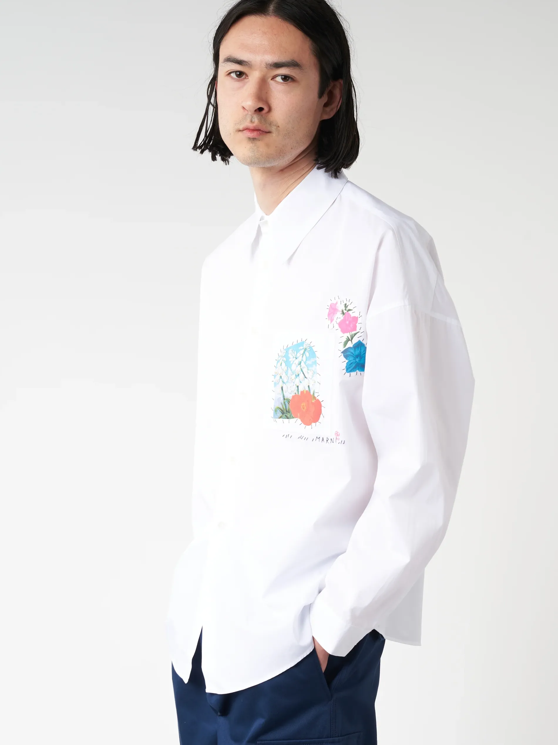 Marni - Poplin Shirt with Flower Patches in Lily White