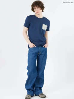 Naked and Famous - Pocket Tee in Navy and Linen Cats