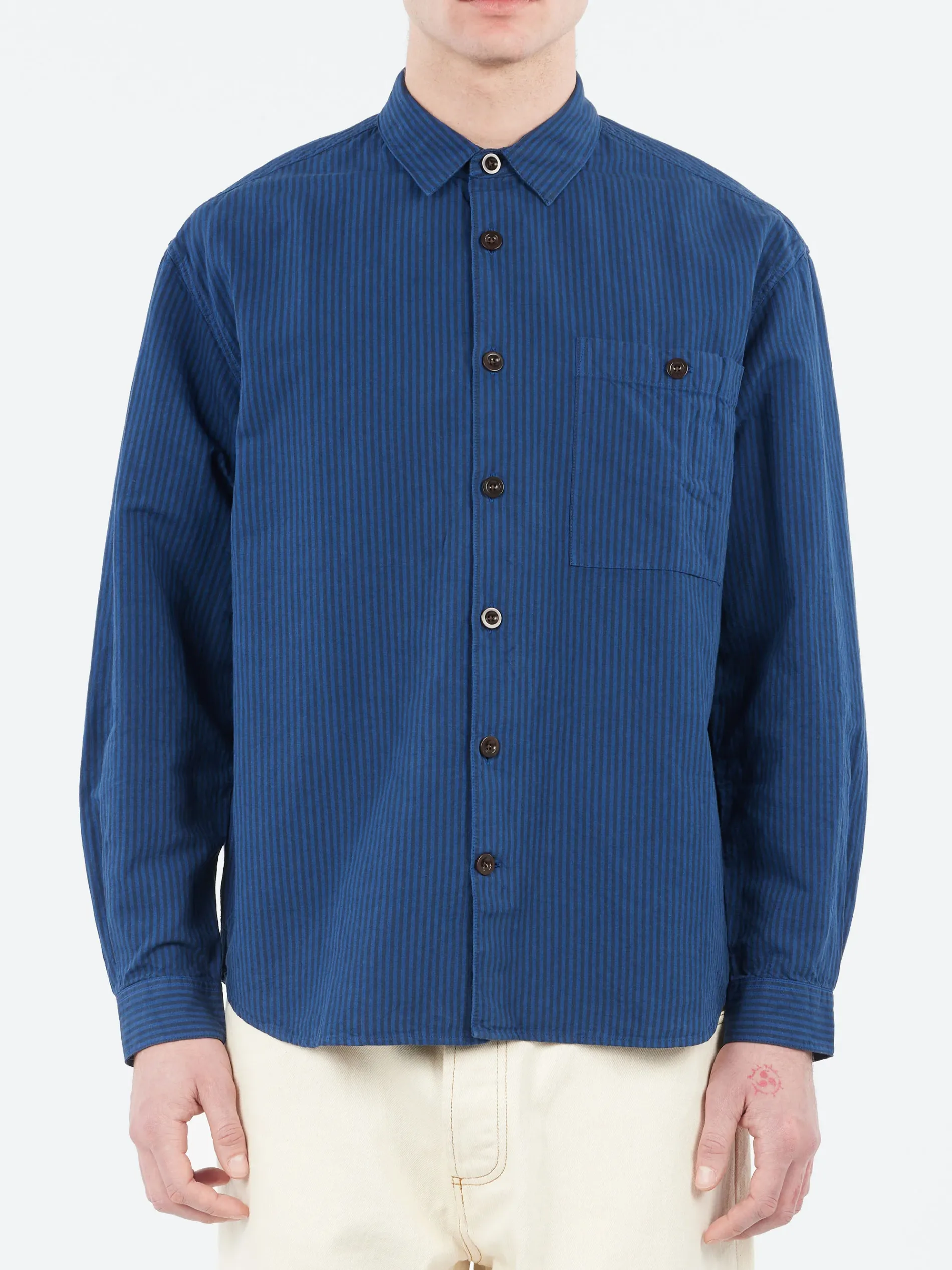TOAST - Garment Dyed Stripe Workwear Shirt in Engineer Blue