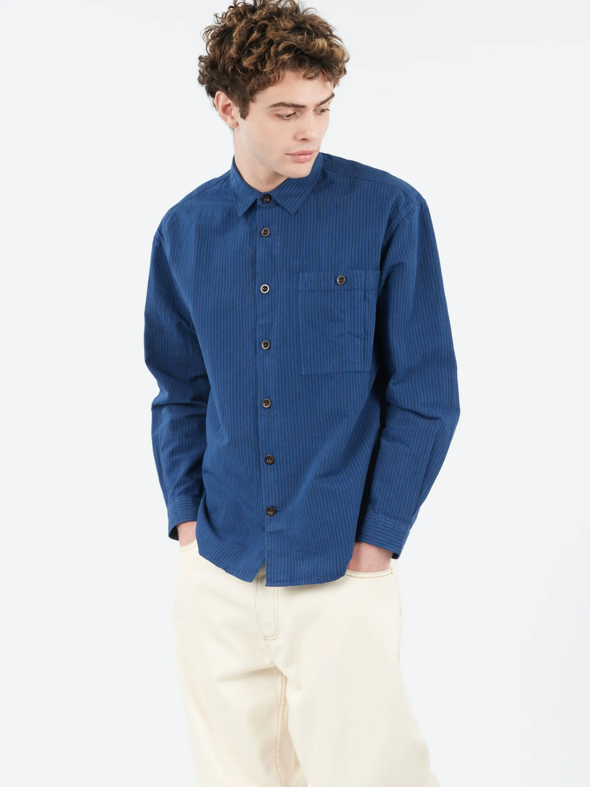 TOAST - Garment Dyed Stripe Workwear Shirt in Engineer Blue