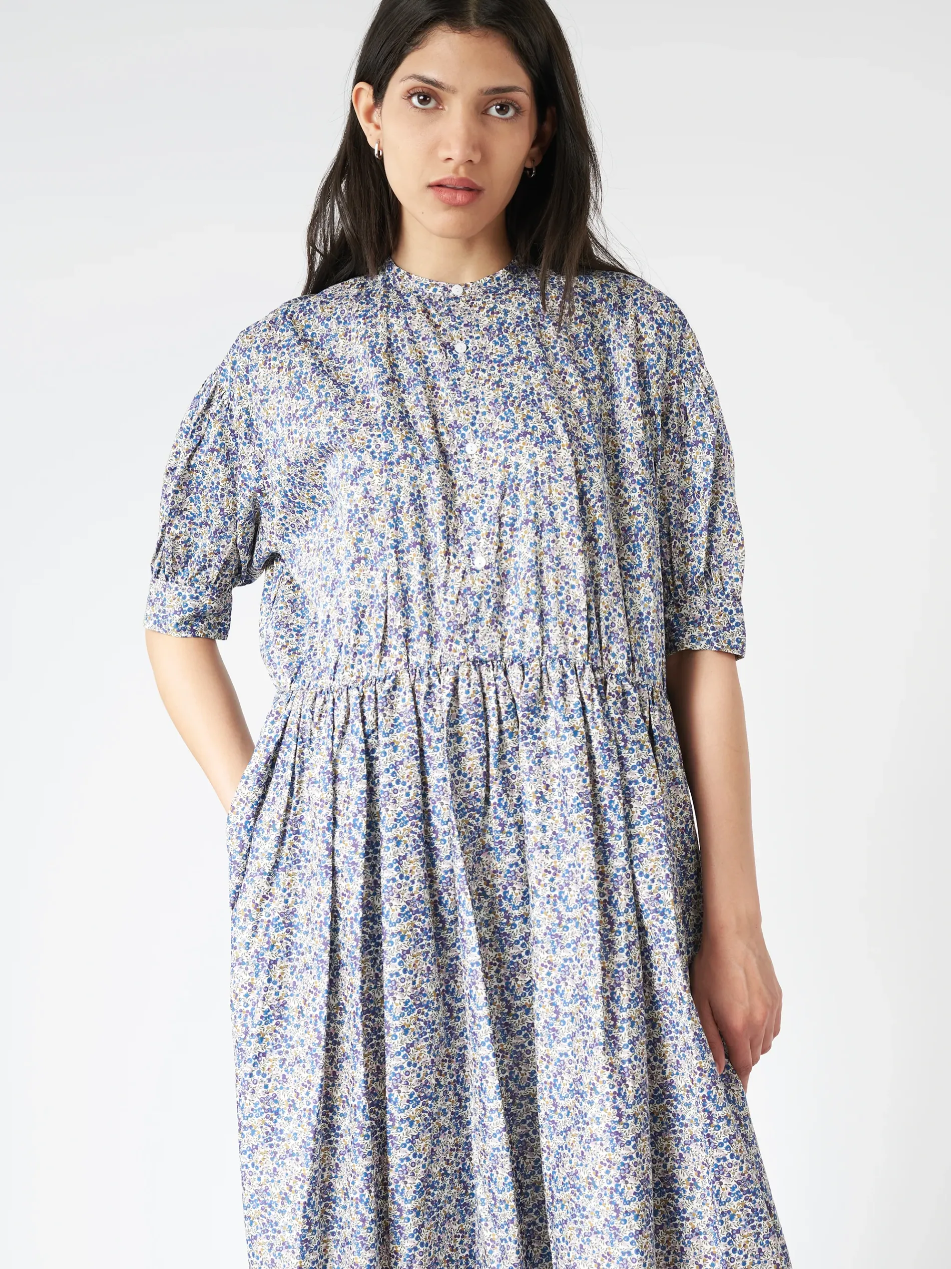 Toujours - Half Sleeve Gathered Dress in Blue Berry