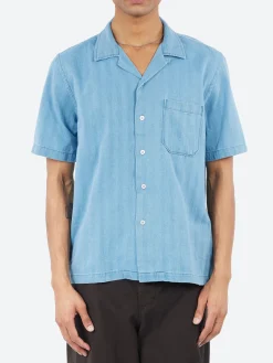 Universal Works - Road Shirt in Washed Indigo Herringbone Denim