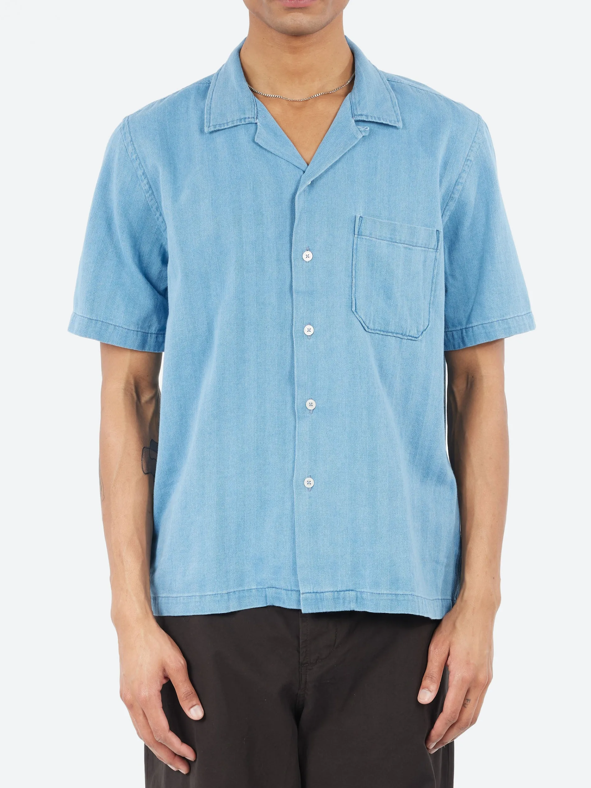 Universal Works - Road Shirt in Washed Indigo Herringbone Denim