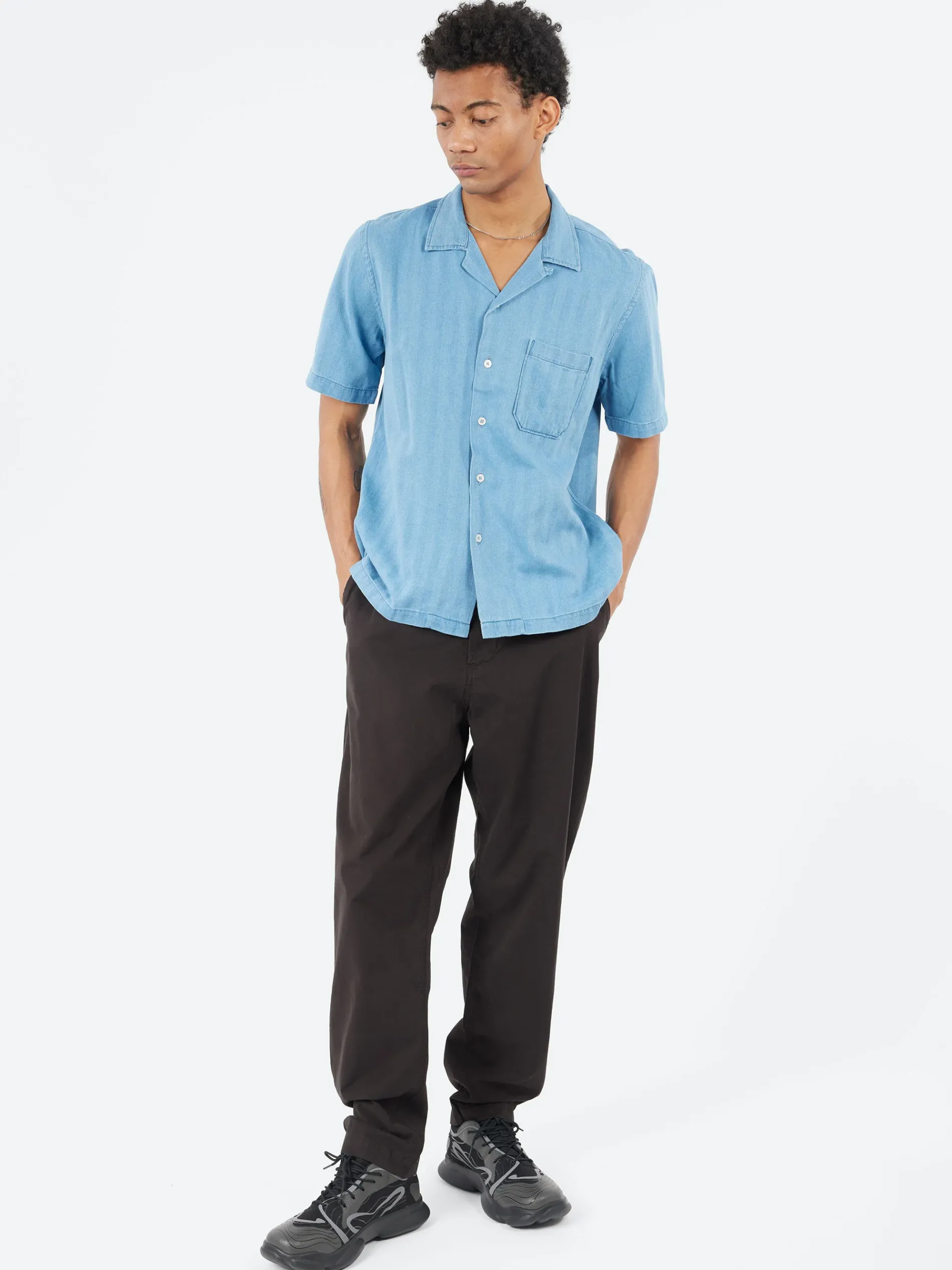 Universal Works - Road Shirt in Washed Indigo Herringbone Denim