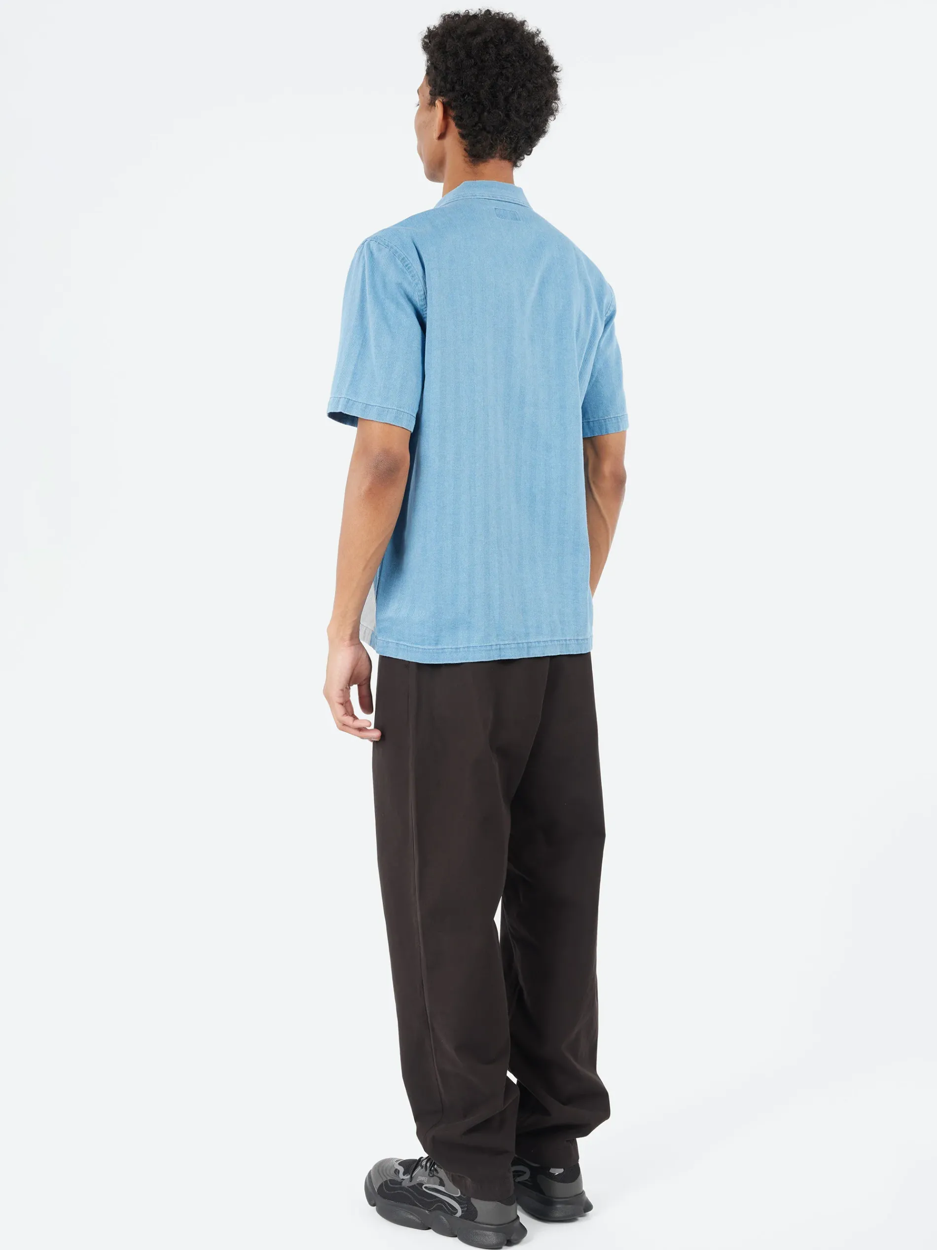 Universal Works - Road Shirt in Washed Indigo Herringbone Denim