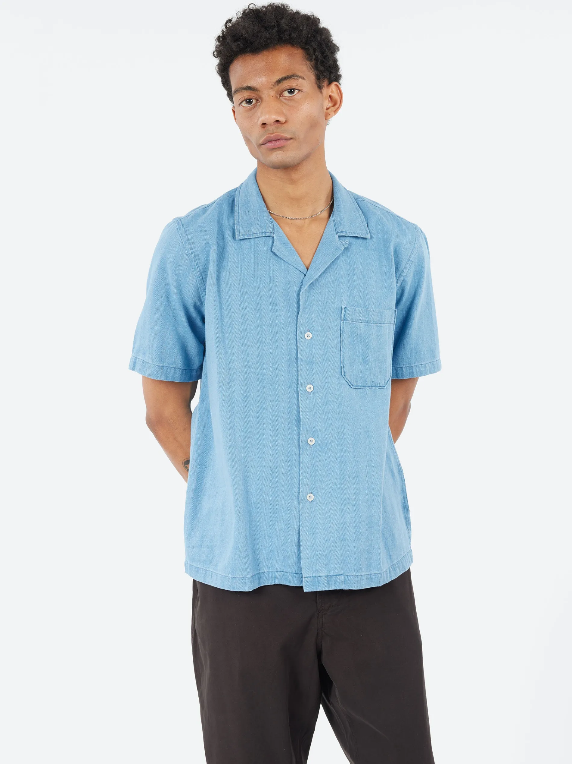 Universal Works - Road Shirt in Washed Indigo Herringbone Denim