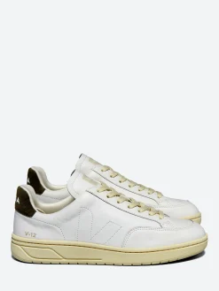 Veja - V-12 Stitch Leather in White and Khaki