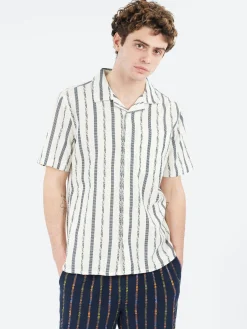 Wax London - Didcot Fleck Stripe Short Sleeve Shirt in Ecru