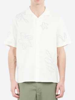 Wax London - Didcot Floral Embroidered Short Sleeve Shirt in Ecru and Pale Blue