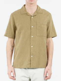 Wax London - Didcot Slub Stripe Short Sleeve Shirt in Khaki