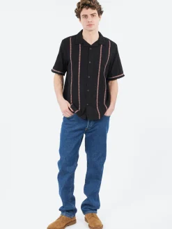 Wax London - Didcot Striped Open Dobby Short Sleeve Shirt in Black and Multi