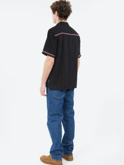Wax London - Didcot Striped Open Dobby Short Sleeve Shirt in Black and Multi