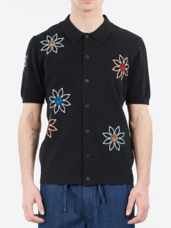 Wax London - Tellaro Embroidered Knitted Cotton Polo in Black